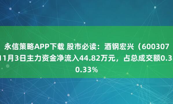 永信策略APP下载 股市必读：酒钢宏兴（600307）11月3日主力资金净流入44.82万元，占总成交额0.33%